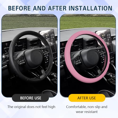Car Steering Wheel Cover, 13 to 14.17 inches Non-Slip Silicone Steering Wheel Protector, Car Accessories Thin Soft Leather Texture Steering Wheel Protective Cover for Most Cars (Pink) - color: Pink