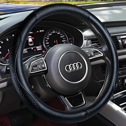 Haokay Heavy Duty Pure Cowhide Steering Wheel Cover, Genuine Leather Steering Cover with 15 Inches Universal Fit - color: BLACK-6
