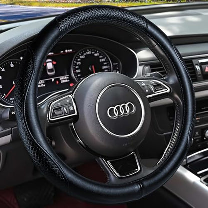 Haokay Heavy Duty Pure Cowhide Steering Wheel Cover, Genuine Leather Steering Cover with 15 Inches Universal Fit - color: BLACK-6
