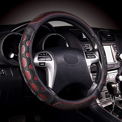 Flying Banner car Steering Wheel Cover Faux Leather Massage Universal fit 3D Honeycomb Hole Anti-Slip Sporty 15 Inches (Red with Black) - color: Red with Black