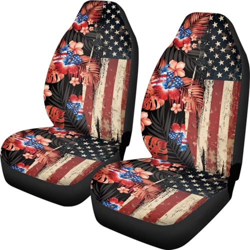 2 Piece Car Seat Covers Easy to Install American Flag Hibiscus Front Seats Elastic Polyester Cover Anti-Slip Auto Interior Accessories Universal Fit for Most Vehicles - color: American Flag Hibiscus