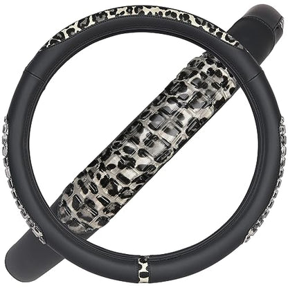 Flying Banner car Steering Wheel Cover Gel Massage Velvet Cool Warm Universal Size 15 inches SUV Truck Anti Slip Odorless Summer Winter (Black Gray Leopard Print, Gel Massage) - color: Black Gray Leopard Print