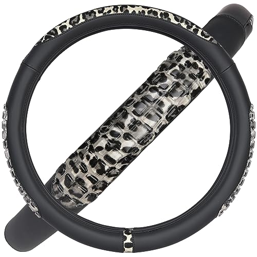 Flying Banner car Steering Wheel Cover Gel Massage Velvet Cool Warm Universal Size 15 inches SUV Truck Anti Slip Odorless Summer Winter (Black Gray Leopard Print, Gel Massage) - color: Black Gray Leopard Print