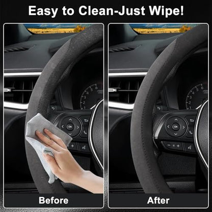15 inch Microfiber Suede Car Steering Wheel Cover, Universal Anti-Slip Grip Protector for SUV Truck, Black & Grey