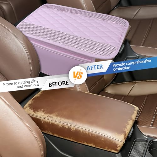 Bling Leather Car Center Console Cover, 12.2"×7.48" Crystal Rhinestone Automotive Arm Rest Cover with Side Pockets, Universal Vehicle Armrest Protector, Interior Car Accessories (Pink Leather) - color: Pink Leather