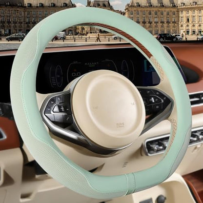 Nappa Leather Green D Shape Steering Wheel Cover, Advanced Microfiber Leather Non-Slip Breathable Fabric, Warm in Winter and Cool in Summer, Universal 15 inch - color: Green, size: D Shape-M[14.5''-15'']