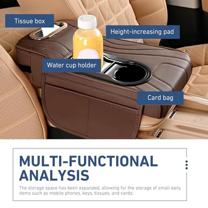 Car Armrest Cushion, Leather Center Console Cover Protector, Multifunctional Storage Pad with Dual Cup Holder, Tissue Box & Side Card Slot, Universal for Most Cars (Coffee) - color: Coffee