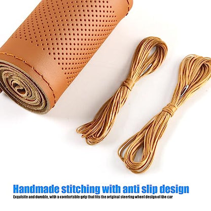 Pack-1 Leather Steering Wheel Cover, Universal Non-Slip Stitch On Wrap, DIY Car Wheel Cover Protector with Needle and Thread for Most Cars SUVs and Trucks (Brown) - color: Brown