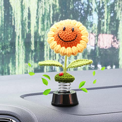 Levvohd Sunflower Car Dashboard Decorations, Dashboard Bobbleheads Knitted Flowers for Women Car Ornament Accessories (Handmade Long Eyes) - color: Light Yellow