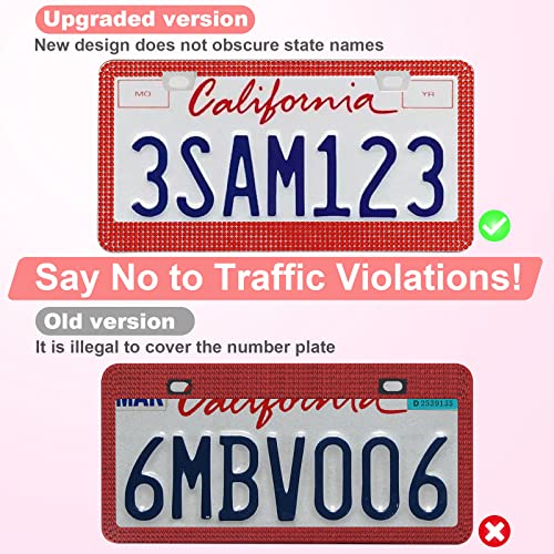 QUANQIUFEI 2 Pack Bling License Plate Frames for Women, Sparkly Rhinestone Diamond Car Accessories with Glitter Crystal Caps (Red) - color: Red