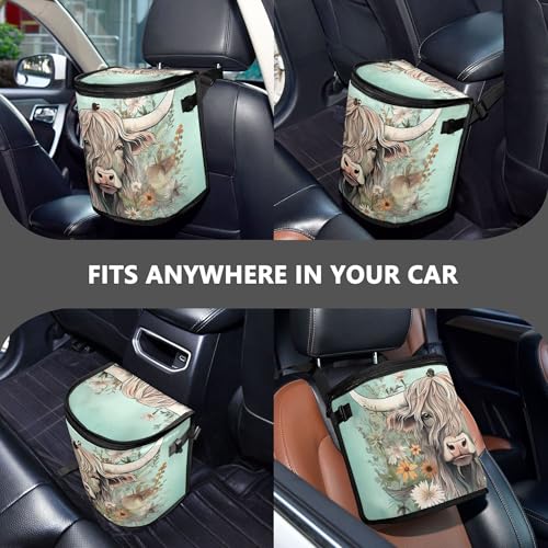 MNSRUU Car Trash Can with Lid, Highland Cow Flowers Car Trash Bag Hanging Organizers and Storage for Front Back Seat, Leak-Proof Trash Bin - color: Cow I 2515