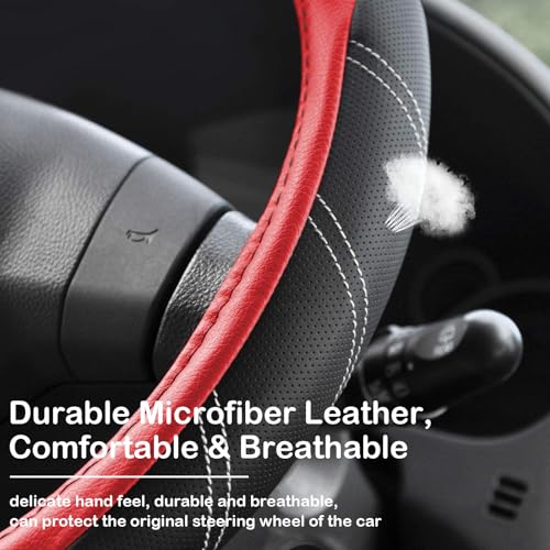Black and Red Line Punching Car Steering Wheel Cover, Microfiber Leather Sports, 14.5-15 in Universal Leather Wheel Covers, Breathable Fashion Anti-Slip, Steering Wheels Accessories for Men Women - color: Line Punching-Black and Red