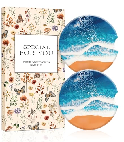 Swooflia Car Coasters for Women - Beach Ceramic Car Cupholder Coaster Cool Absorbent Mat Coaster with Cork Base 2 Pack Automotive Cup Holder Accessories New Driver Gifts for Decor - color: Beach