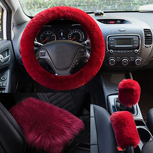 WenMei 1 Set 4 Pcs Fluffy Steering Wheel Cover&Handbrake Cover&Gear Shift Cover&Fluffy Auto Center Console Cover Faux Wool Steering Wheel Covers for Women Universal Car Interior Accessories (Wine red) - color: Wine red
