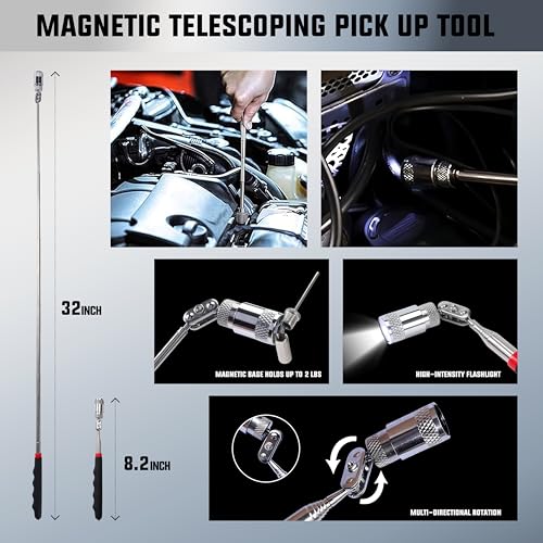 26PCS Car Tool Kit with Stainless Steel Assorted 5th Wheel Pin Puller,68 inches Long Distance Puller Hook, Air Wedge and Magnetic Pickup Tool with Flashlight