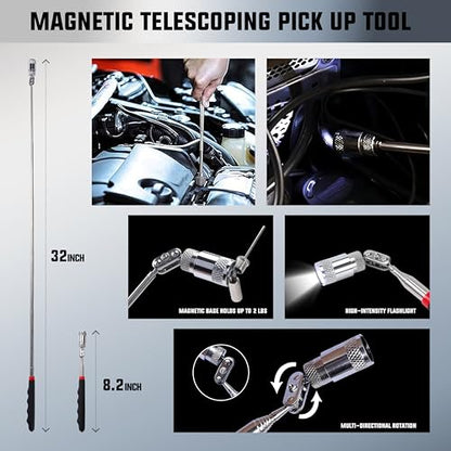 26PCS Car Tool Kit with Stainless Steel Assorted 5th Wheel Pin Puller,68 inches Long Distance Puller Hook, Air Wedge and Magnetic Pickup Tool with Flashlight