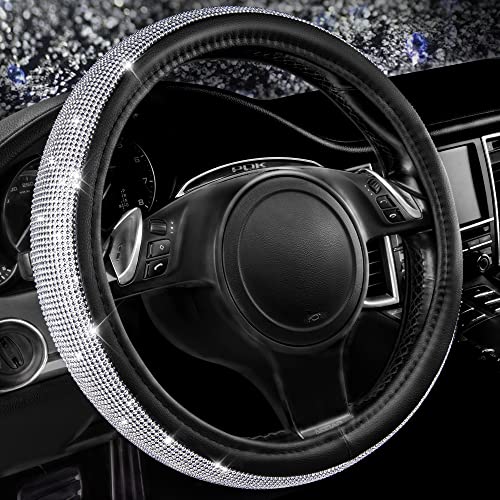 CAR PASS Bling Diamond Leather Steering Wheel Cover, with Bling Sparkly Crystal Glitter Rhinestones Universal Fit 14.5in-15in Car Wheel Protector for Women Girl Fit Suvs,Vans,Sedans,Car,Trucks, Silver - color: Silver Diamond