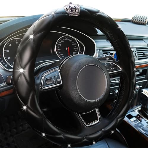 Diamond Black Leather Bling Steering Wheel Cover for Women Car Steering Wheel Protector Queen Rhinestones Anti-Slip Universal Fit 14 1/2-15 inch - color: Crown