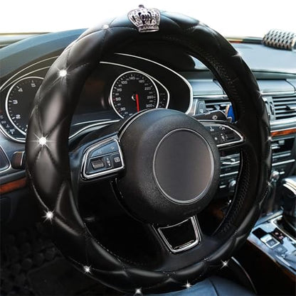Diamond Black Leather Bling Steering Wheel Cover for Women Car Steering Wheel Protector Queen Rhinestones Anti-Slip Universal Fit 14 1/2-15 inch - color: Crown