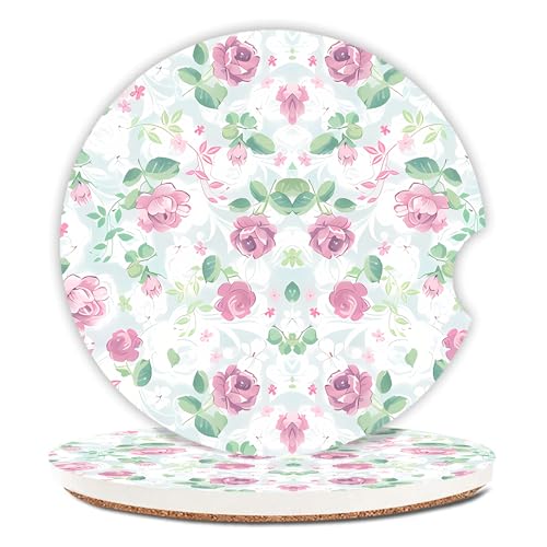 Car Coasters for Drinks Absorbent,2 Pack Cup Holders,2.56" Ceramic Stone & Non-Scratch Cork Base Coasters,Auto Accessories for Women & Men(Pink Flowers). - color: Pink Flowers 2