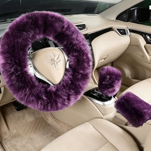Fuzzy Genuine Sheepskin Steering Wheel Cover Set for Women Parents-Fluffy Soft Australian Merino Wool Wrap with Gear Shift and Hand Brake Covers, Cozy Stylish Luxury Car Accessories (Lavender Purple) - color: Lavender Purple