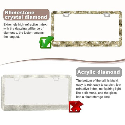 QUANQIUFEI 2 Pack Bling License Plate Frames for Women, Sparkly Rhinestone Diamond Car Accessories with Glitter Crystal Caps (Gold) - color: Gold