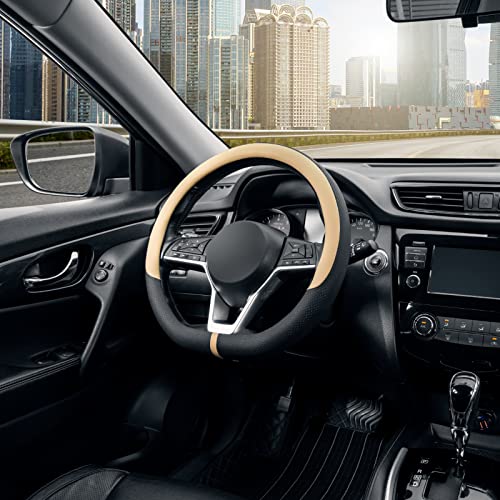 SEG Direct Flat Bottom Steering Wheel Cover Breathable, D Shaped Car Wheel Cover 14 1/2-15 in. (37-39 cm), Black Beige Microfiber Leather - color: 7. Beige, size: Standard size[14 1/2''-15'']