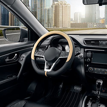 SEG Direct Flat Bottom Steering Wheel Cover Breathable, D Shaped Car Wheel Cover 14 1/2-15 in. (37-39 cm), Black Beige Microfiber Leather - color: 7. Beige, size: Standard size[14 1/2''-15'']