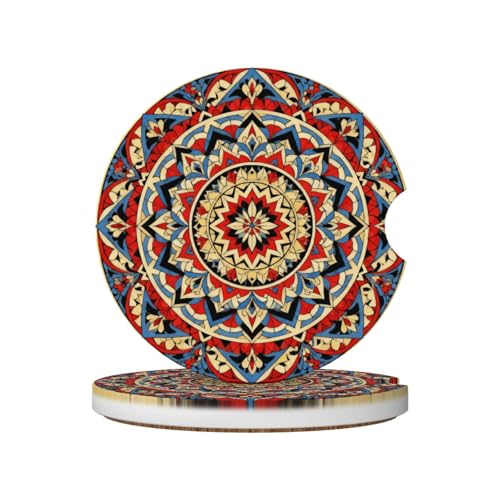 Mandala 2 Pack Car Cup Holder Coasters Absorbent Ceramic Drink Coasters 2.56" Universal Anti Slip Cup Mat with Non-Scratch Cork Base and Finger Notch Auto Accessories Interior for Women Men - color: Blue