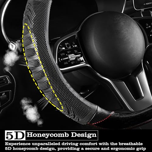 5D Honeycomb Black Car Steering Wheel Cover,14.5-15 Inch Universal Carbon Fibre Leather Covers Breathable Anti-Slip Odorless Steering Wheels Accessories for Men Women - color: 5D Honeycomb - Black