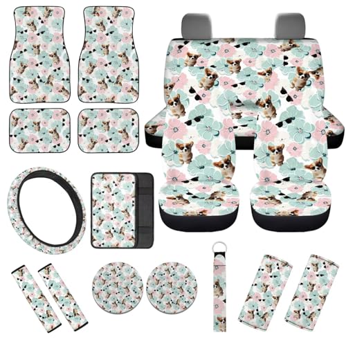 Cute Dog Flower 17 Pcs Car Accessories Seat Covers Full Set Steering Wheel Cover Floor Mats Center Console Pad Cup Holders Seat Belt Pads for Women Men Car Interior Decor - color: Cute Dog Flower