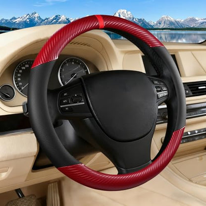 Black & Red Carbon Fiber Leather Steering Wheel Cover, Microfiber Leather, Anti-Slip, Breathable, Universal Fit for 14.5–15 in Steering Wheel Cover for Men Women - color: Splicing Carbon Fiber - Black and Red
