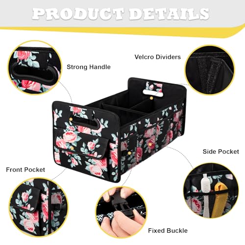Car Trunk Organizers and Storage Collapsible Multi Compartment Container Box, Adjustable Car Accessories for SUV Sedan Truck, Standard Size, Black Floral - color: Black Floral, size: Standard