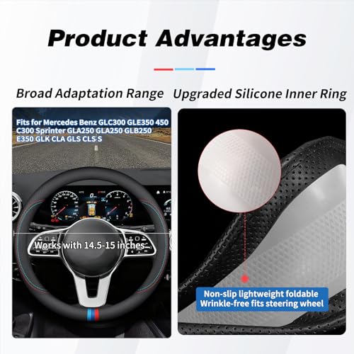 Nappa Leather Car Steering Wheel Cover Custom Fit for Mercedes Benz GLC 300 GLE 350 450 C300 Sprinter GLA 250 GLA 250 GLB 250 Accessories, Universal 15 Inch with Logo, Non-Slip and Breathable, Black - size: D-Shaped