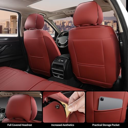 Red Car Seat Covers Full Set, Universal Leather Seat Cover for Cars 5 Seats, Waterproof and Breathable Automotive Seat Cover Front and Rear Seat Covers for Most Trucks, Sedans, SUVs