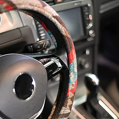 Universal 15inch Ethnic Style Baja Blanket Steering Wheel Cover with Coarse Flax Cloth and Sweat Absorption Anti Slip Car Wrap (Boho Brown) - style: Boho Brown
