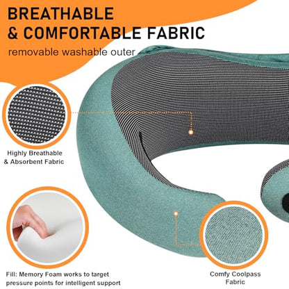 Travel Pillow - Hooded Neck Pillow Airplane Memory Foam Filling for Plane, Office, Cars Sleeping, Road Trip, Long Flights, Airplane Travel Essentials, Includes Eye Mask & Earplugs (Green) - color: Green