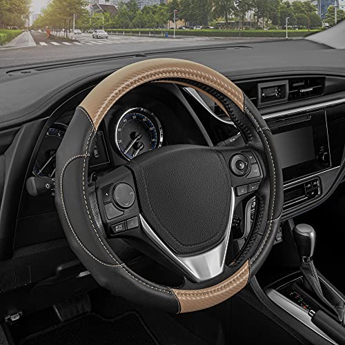 Motor Trend GripDrive Carbon Fiber Steering Wheel Cover, Non-Slip Sporty Racing Faux Leather Ergonomic Comfortable Handle, Steering Wheel Cover for Cars Trucks Vans SUV - Fits Standard 15 Inch - Beige - color: Beige GripDrive, size: Fits 14.5 - 15" SW