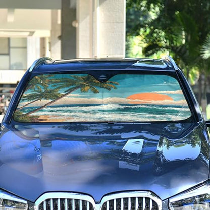 Sun Shade for Car Windshield Beach Scene Sunset Waves Foldable Sun Shield Heat and UV Protection Automotive Interior Protection - color: Beach 1