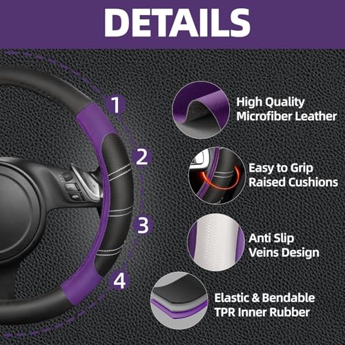 NBTEPEM Customized Auto Car Steering Wheel Cover for Honda Accord, Civic, CR-V, HR-V, Pilot, Microfiber Leather Sport Steering Wheel Covers 14.5-15 inchs, Anti-Slip, Safety, Soft(Black-Purple)