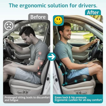 Trucker Seat Cushion, Car Seat Cushions with Lumbar Support Pillow, Ergonomic L-Shaped Orthopedic Memory Foam Pad for Long Driving Back Pain Sciatica Relief, Drivers Office Workers (Black+LGrey)