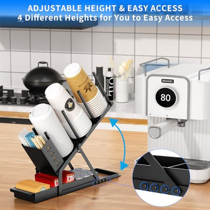 RCHYFEED Cup and Lid Holder with Straw Holder, Metal Cup Holder for Countertop, 5 Compartment Coffee Station Organizer Cup Holder for Coffee Bar Accessories, Disposable Cup Lid Organizer