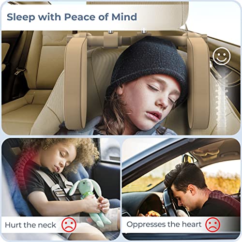 Adjustable Car Headrest Pillow, Road Pal Headrest, U-Shaped Travel Sleeping Pillow for Kids & Adults, Head Neck Support Only Suitable for Car Seat Headrest with Poles, Khaki - color: Khaki