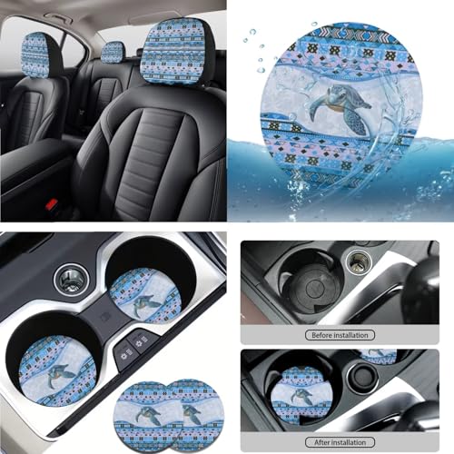 Aztec Style Printed 15 Pack Car Accessories Set, Sea Turtle Printed Car Seat Cover Full Set Steering Wheel Cover Car Headrest Cover Seat Belt Covers Car Coaster - color: Blue-Aztec Style Sea Turtle