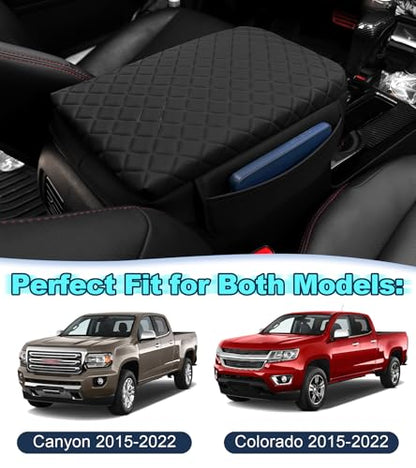 Armrest Cover for 2015-2022 Chevy Colorado GMC Canyon Accessories Center Console Pad Arm Rest Lid Cushion with Pockets, Black Faux Leather