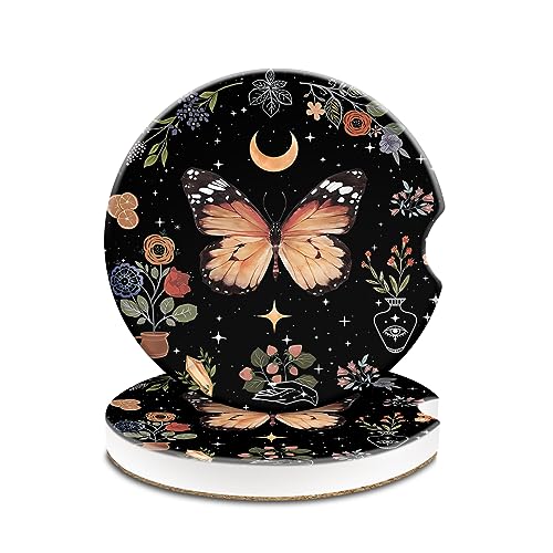 Car Cup Holder Coasters, 2 Pack Universal Auto Anti Slip Insert Coaster,Cerimac Car Coasters with A Finger Notch, Cute Car Assecories for Women Men, Cup Mat for Most Car Interior Butterfly - color: Butterflies 02
