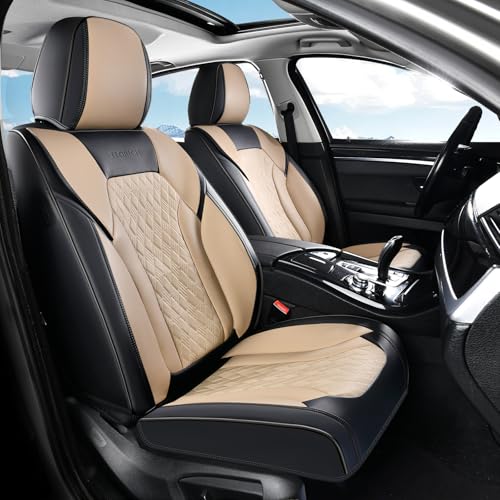 Seat Covers, Car Seat Covers Front Seats, Luxury Nappa Leather Seat Covers, Breathable and Waterproof Car Seat Protector 2 Seat, Automotive Seat Covers Universal for Most Cars-Black&Beige