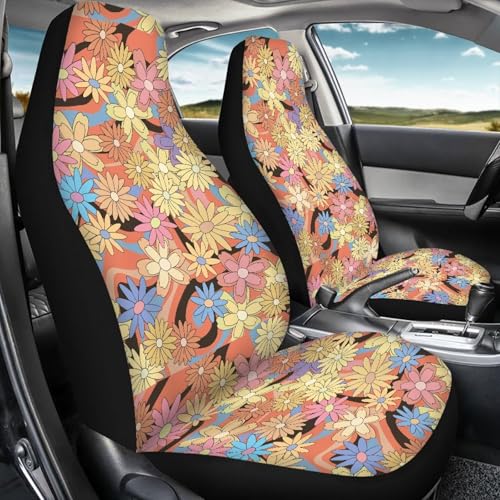 FUSURIRE Automotive Seat Covers Full Set of 4 Pcs, Colorful Daisy Wavey Print Front Seat Cover and Rear Bench Cover, Novelty Car Accessories Universal Fit - color: Colorful Daisy Wavey Print