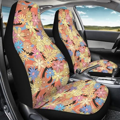 FUSURIRE Automotive Seat Covers Full Set of 4 Pcs, Colorful Daisy Wavey Print Front Seat Cover and Rear Bench Cover, Novelty Car Accessories Universal Fit - color: Colorful Daisy Wavey Print