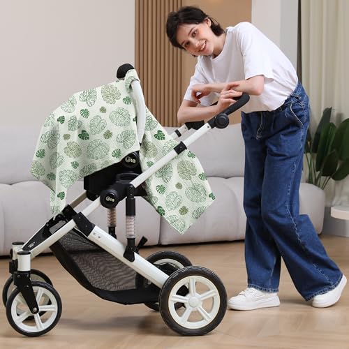 100% Muslin Cotton Car Seat Cover Baby, Carseat Canopy Cover, Universal Fit Stroller Covers for Boys and Girls (Monstera Green) - color: monstera green